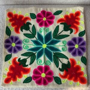 Peruvian Artisan Embroidered Floral Wool Throw Pillow Cover